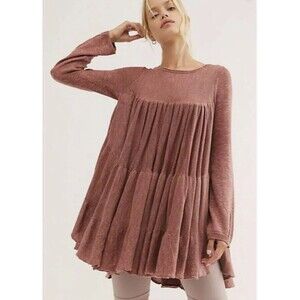 Free People Midnight Ruffles Tiered Knit Sweater Women Size M Mauve Pink